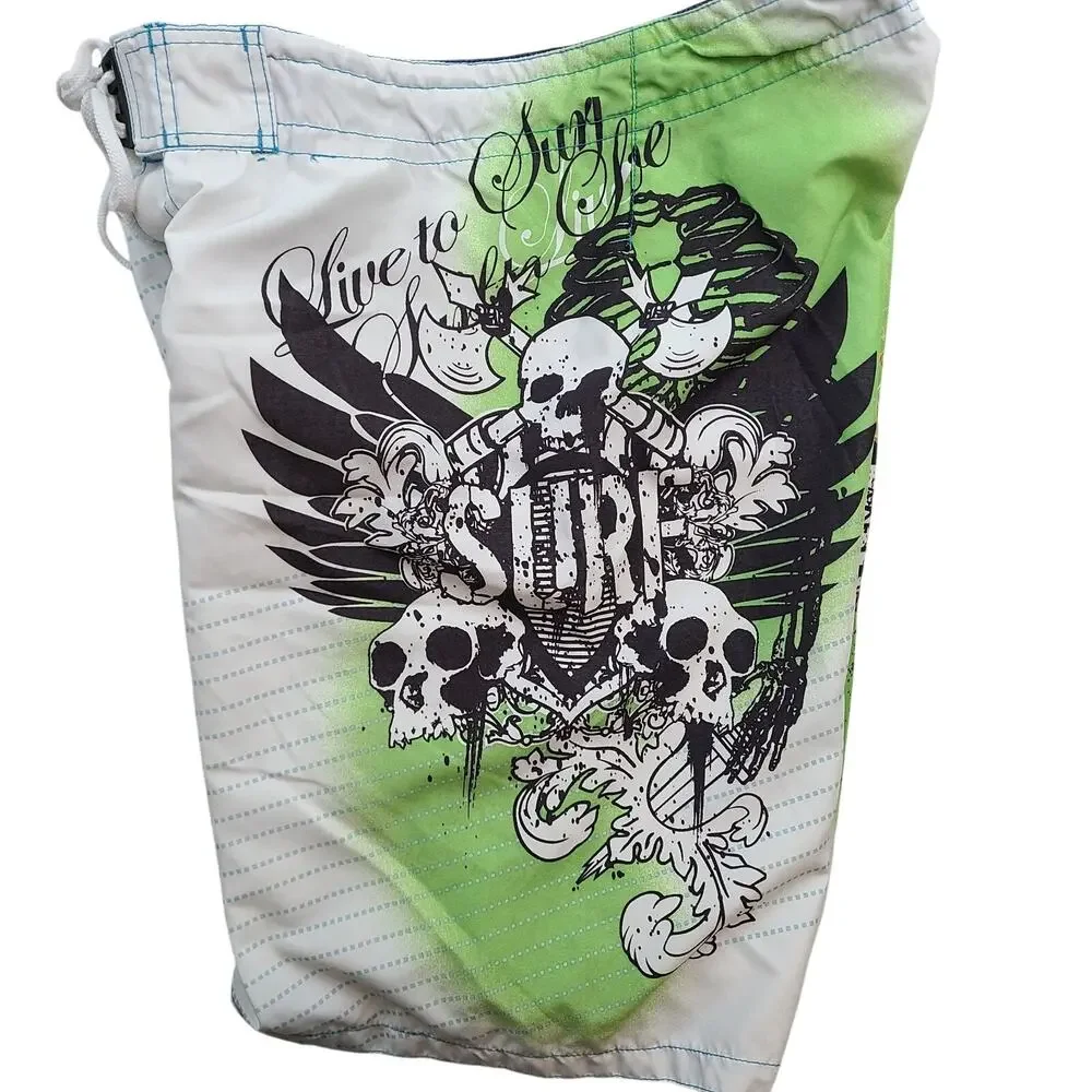 Pacific & Co Miami Board Shorts White Green Skull Surf Swim Trunks Mens 32